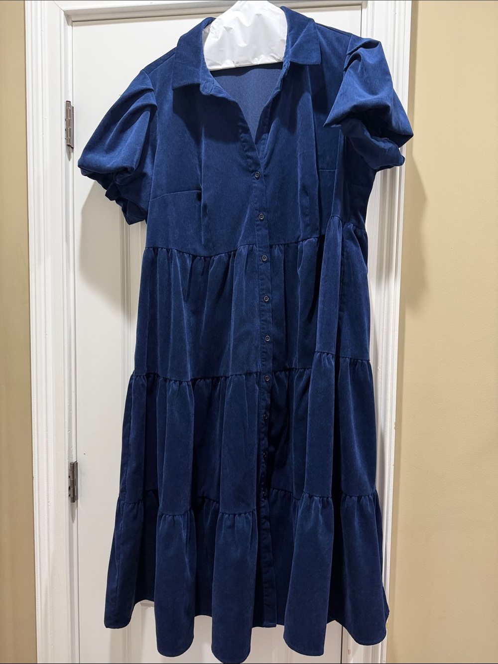 Navy Blue Tiered Button-Front corduroy Dress